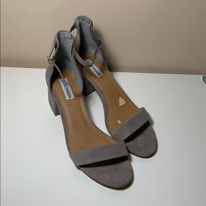 Steel grey suede block heel sandals